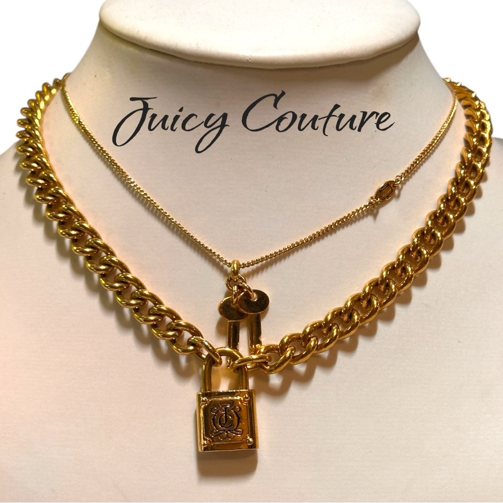 Juicy Couture Gold Padlock Necklace & Keys Necklace Set w/ Original Box